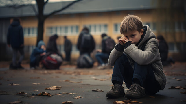 enfant seul et isol&eacute; dans une cours de r&eacute;cr&eacute;ation &agrave; l'&eacute;cole