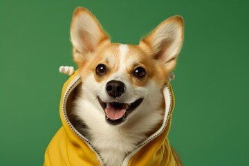 Close-up portrait photography of a smiling norwegian lundehund wearing a bee costume against a green background. With generative AI technology