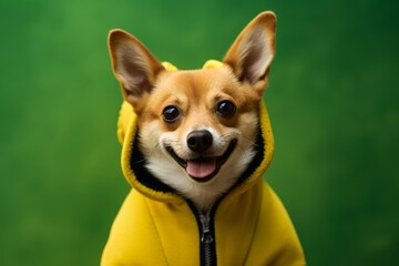 Close-up portrait photography of a smiling norwegian lundehund wearing a bee costume against a green background. With generative AI technology - obrazy, fototapety, plakaty