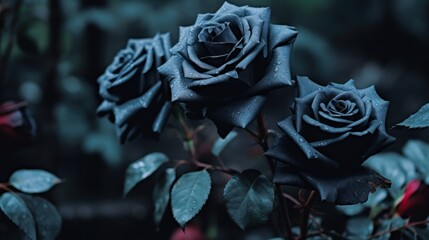 Black rose with water droplets on the petals, dark background. Mother's day concept with a copy...