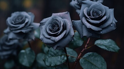 Beautiful dark blue roses with dew drops on the petals. Mother's day concept with a copy space. Valentine day concept with a copy space.