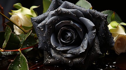 Beautiful black rose with water drops on black background, closeup. Mother's day concept with a...