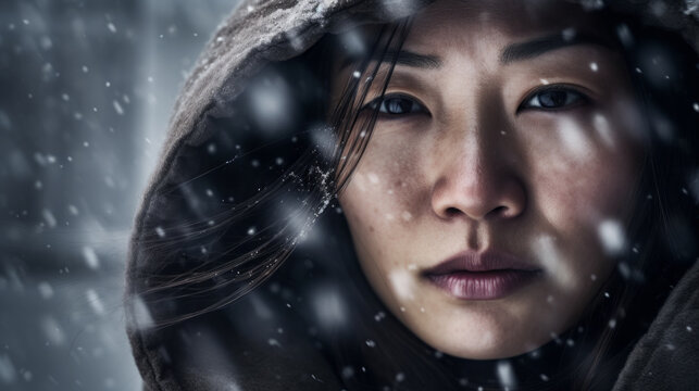 AI generated image of Asian woman closeup portrait wearing hood under the heavy snowstorm