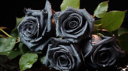 Beautiful black roses with water drops on black background, closeup. Mother's day concept with a copy space. Valentine day concept with a copy space.