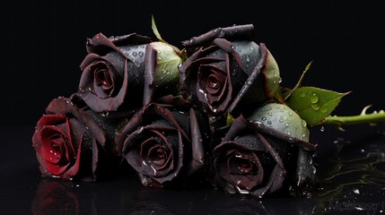 Beautiful dark red roses with water drops on a black background. Mother's day concept with a copy...