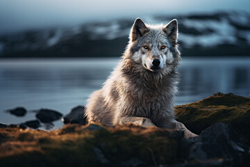 Lobo cinzento nas rochas e mar ao fundo - Papel de parede
