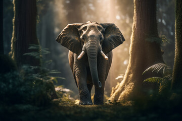Elefante na floresta com luz do sol - Papel de parede