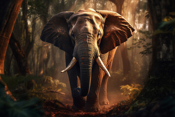 Elefante na floresta com luz do sol - Papel de parede - obrazy, fototapety, plakaty
