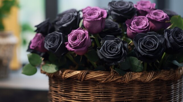 Bouquet of dark purple and black roses in a wicker basket. Mother's day concept with a copy space. Valentine day concept with a copy space.