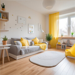 toddler bedroom, Scandinavian design, Montessori furniture, white oak floor, yellow accents, window with curtains, child's sofa