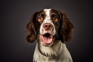 Studio portrait photography of a smiling english springer spaniel wearing a sherpa coat against a deep indigo background. With generative AI technology