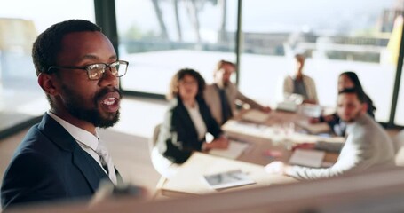 Business people, workshop and black man with presentation, brainstorming and planning in a workplace. African person, group and leader with feedback, speaker and corporate training with development