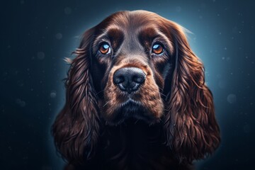 Close-up portrait photography of a smiling cocker spaniel wearing a parka against a deep indigo background. With generative AI technology