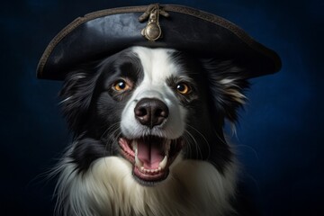 Close-up portrait photography of a funny border collie wearing a pirate hat against a deep indigo background. With generative AI technology