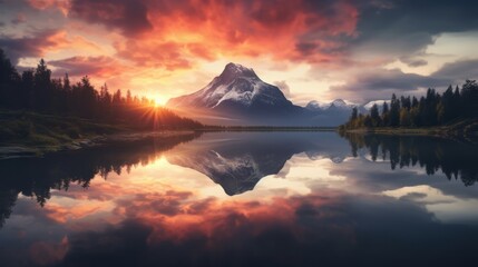 A mountain is reflected in the still water of a lake - obrazy, fototapety, plakaty