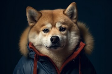 Medium shot portrait photography of a happy akita wearing a parka against a deep indigo background. With generative AI technology