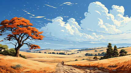 autumn landscape in sunset colors flat graphics multicolored