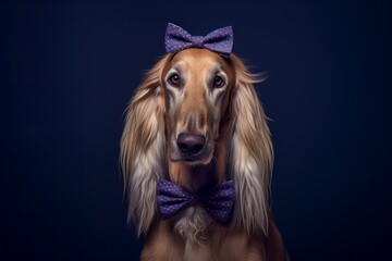 Medium shot portrait photography of a funny afghan hound dog wearing a cute bow tie against a deep indigo background. With generative AI technology