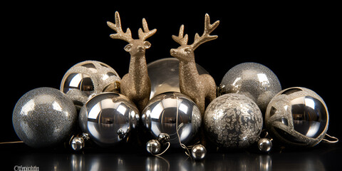 Christmas Balls and Silver Glitter Deer on Black Background generative AI