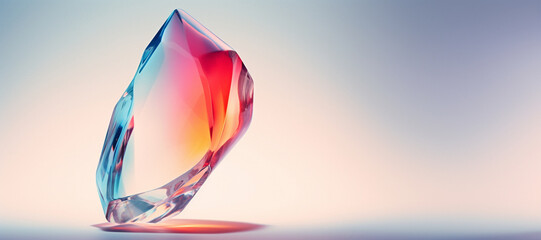 A crystal-like object on a light blue-pink background. The object is transparent with multiple facets and edges and has a pink and orange gradient color. Plenty of copy space.