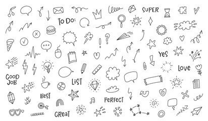 Doodle cute glitter pen line elements. Line movement element, emotion effect decoration icon. Set of simple doodle sparkles, stars, speech balloons, emotion, pattern elements, arrows, flowers icons