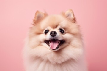 Medium shot portrait photography of a happy pomeranian wearing a paw protector against a peachy pink background. With generative AI technology