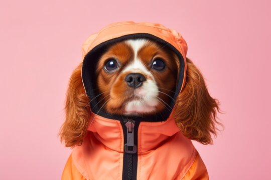 Lifestyle portrait photography of a happy cavalier king charles spaniel dog wearing a ski suit against a peachy pink background. With generative AI technology