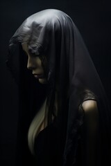 A woman in a black veil. Costume Dead bride for Halloween. Portrait of a grieving girl. Witch before the coven