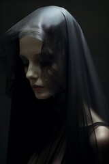 A woman in a black veil. Costume Dead bride for Halloween. Portrait of a grieving girl. Witch before the coven