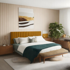 Bright and airy modern scandinavian bedroom with light wood, Wall painting, wooden bed