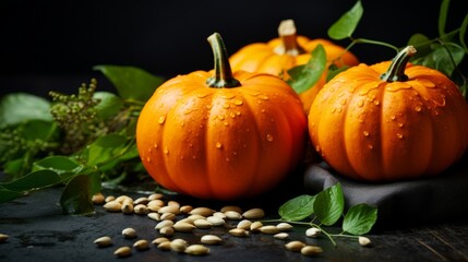 Ripe orange pumpkins with seeds and foliage on a dark background