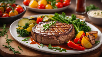 Delicious Steak with Vegetables and Sauces