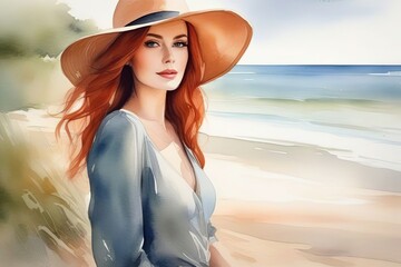 Watercolor portrait of beautiful redhead woman in hat on the beach, pastel soft colors. Digital art. Generative AI
