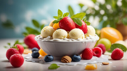 Ice Cream with Fruits, Berries, and Mint