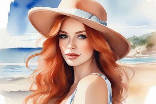 Watercolor portrait of beautiful redhead woman in hat on the beach, pastel soft colors. Digital art. Generative AI