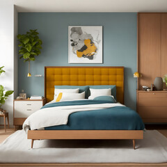 Bright and airy modern scandinavian bedroom with light wood, Wall painting, wooden bed