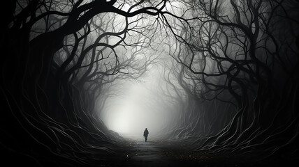 halloween gloomy dark background autumn forest of horror, round arch of branches, entrance to the foggy, small silhouette of a human figure