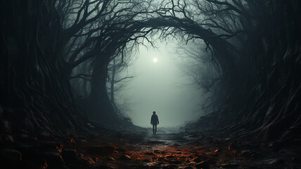 halloween gloomy dark background autumn forest of horror, round arch of branches, entrance to the foggy, small silhouette of a human figure - obrazy, fototapety, plakaty