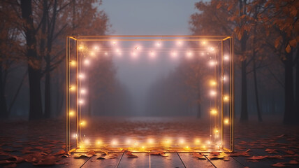 arch glowing autumn rectangular frame with light bulbs and garlands entrance, invitation frame in misty autumn mood halloween