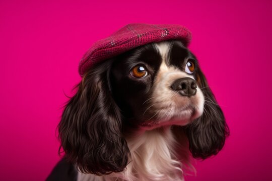 Photography in the style of pensive portraiture of a funny cavalier king charles spaniel dog wearing a beret against a hot pink background. With generative AI technology