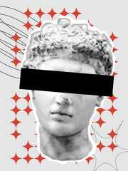 Pop art grunge poster with greece modern faces. Brutalist style. Minimalistic basic figures, extraordinary elements of geometrical shapes composition. Psychedelic design in dadaism, Y2K trendy style