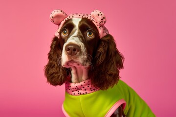 Conceptual portrait photography of a cute english springer spaniel wearing a dinosaur costume...