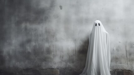 White ghost on gray wall background. Halloween spooky concept