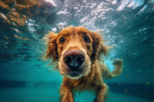 dog puppy water funny underwater swimming snorkeling vacation fun pool. Generative AI.