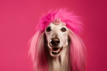 Close-up portrait photography of a smiling afghan hound dog wearing a lion mane against a hot pink background. With generative AI technology