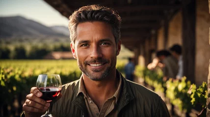 Zelfklevend Fotobehang Smiling owner with a glass of red wine. Vineyard background © anandart