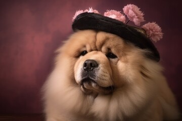Photography in the style of pensive portraiture of a smiling chow chow dog wearing a pirate hat against a dusty rose background. With generative AI technology