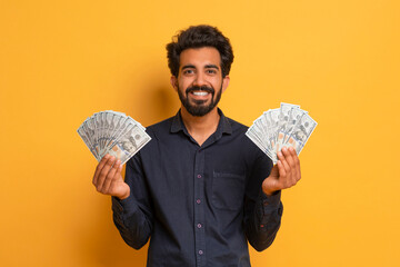 Big Profit. Excited Young Indian Man Holding Money Cash In Two Hands