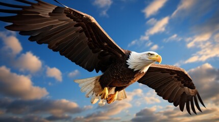 Obraz premium A bald eagle soaring through a cloudy blue sky