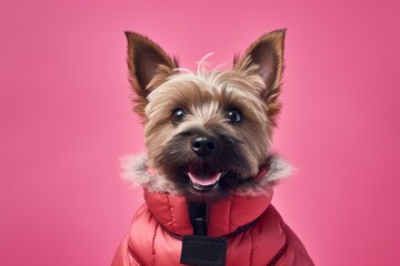 Environmental portrait photography of a smiling cairn terrier wearing a ski suit against a dusty rose background. With generative AI technology